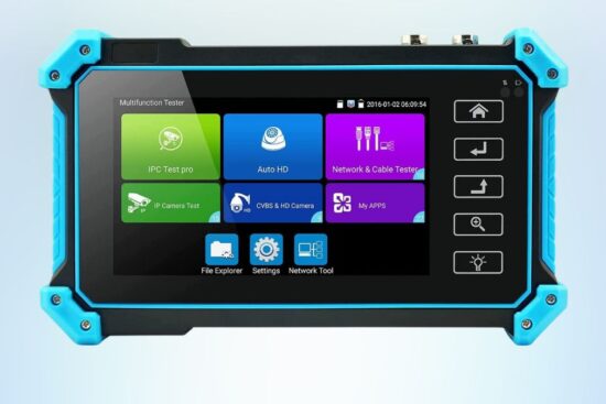 A handheld camera tester with a touchscreen display, rugged black and blue casing, and various testing functions for IP and HD cameras.