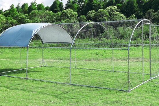 A large outdoor metal chicken coop with a protective roof and wire mesh, designed to provide a secure space for small animals.