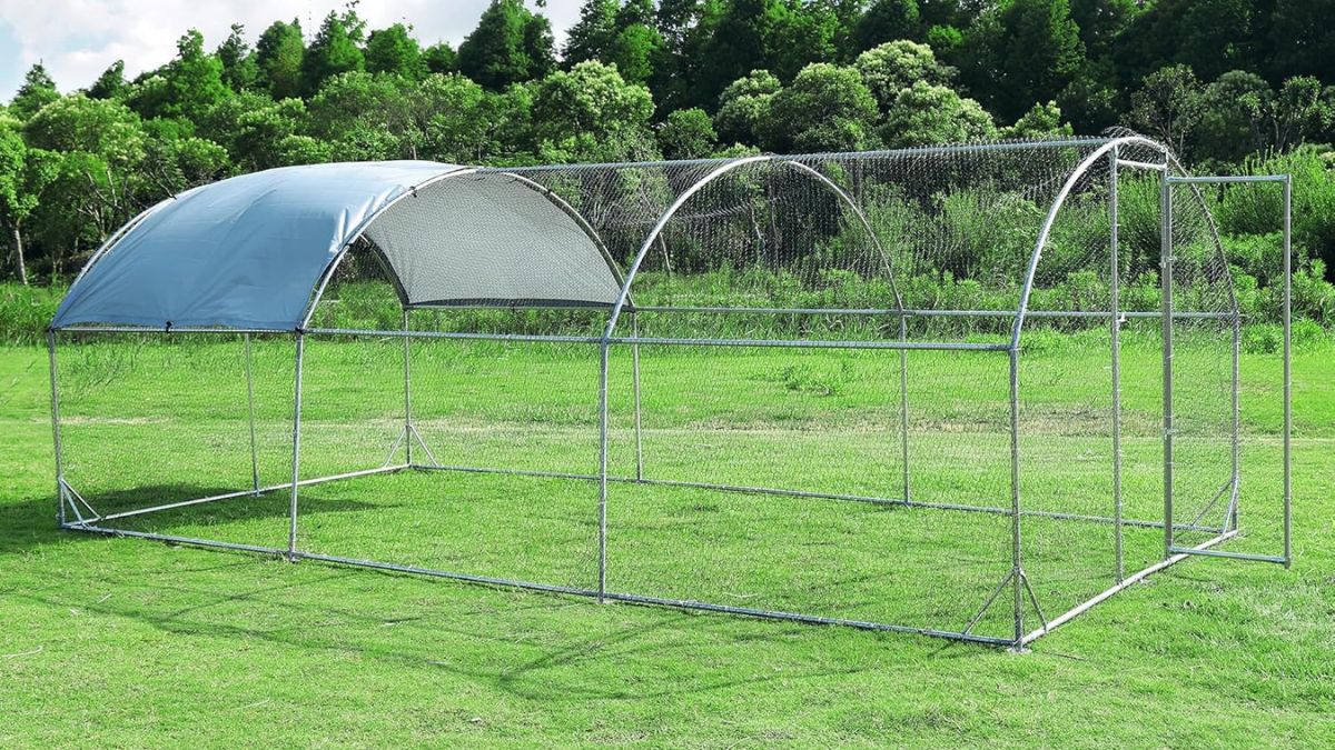 A large outdoor metal chicken coop with a protective roof and wire mesh, designed to provide a secure space for small animals.