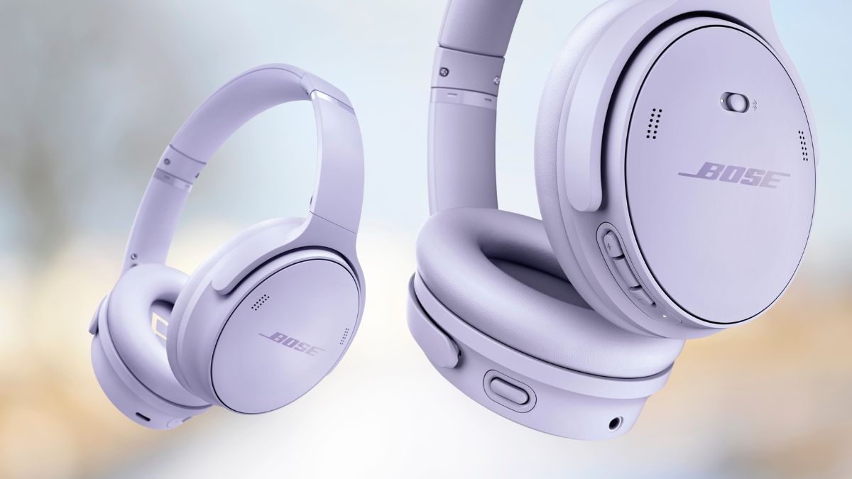A pair of sleek over-ear wireless headphones in a soft lavender shade with comfortable ear cushions for an immersive listening experience.