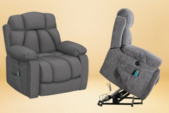 A recliner chair with plush padding, a remote control, and a built-in lifting mechanism for easy standing support.