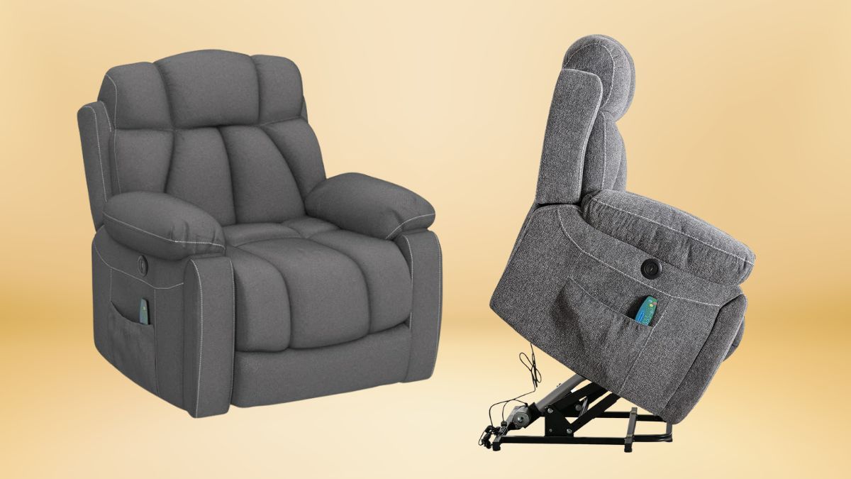 A recliner chair with plush padding, a remote control, and a built-in lifting mechanism for easy standing support.