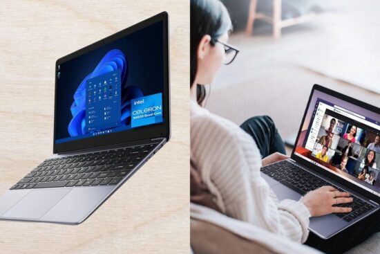 A lightweight laptop with a slim design, showing Windows on one screen and a video call on another.
