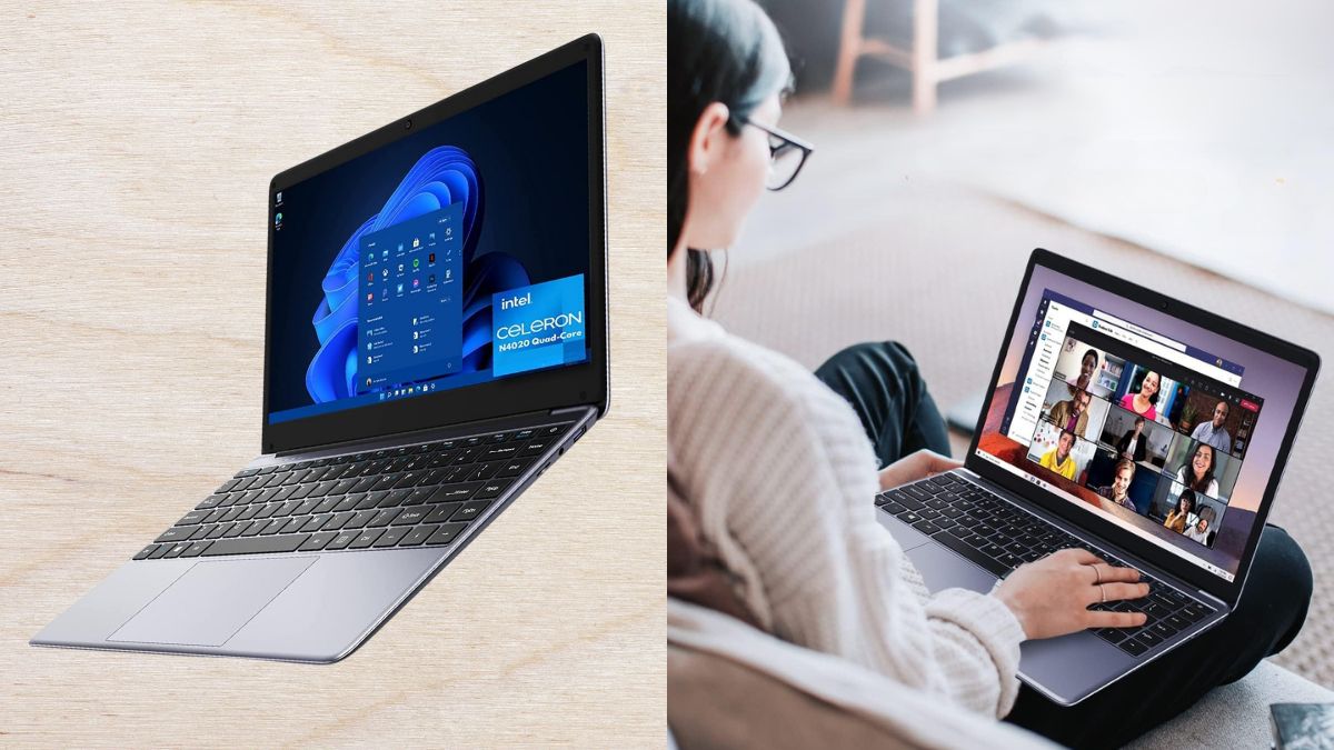 A lightweight laptop with a slim design, showing Windows on one screen and a video call on another.