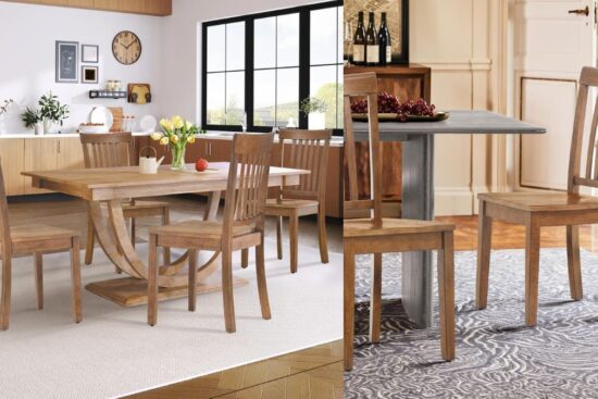 A set of wooden dining chairs with a classic slatted back design, shown in different dining room settings.