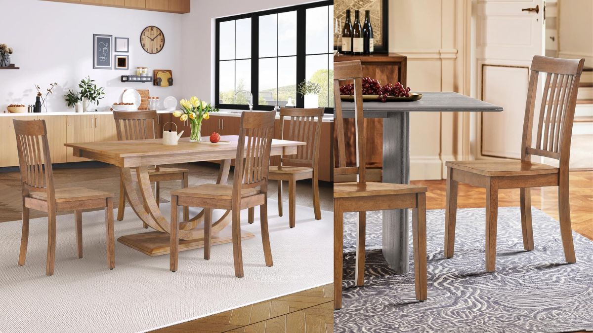 A set of wooden dining chairs with a classic slatted back design, shown in different dining room settings.