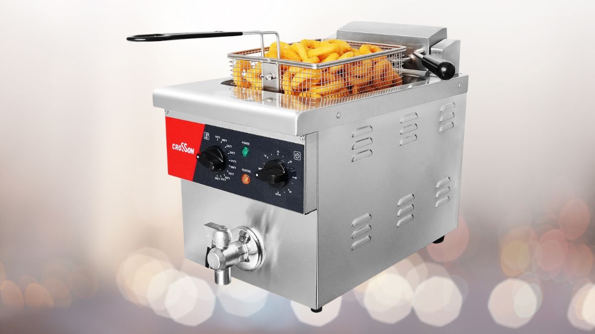 A stainless steel countertop electric deep fryer with a control panel, oil drain valve, and a frying basket filled with crispy onion rings and fries.