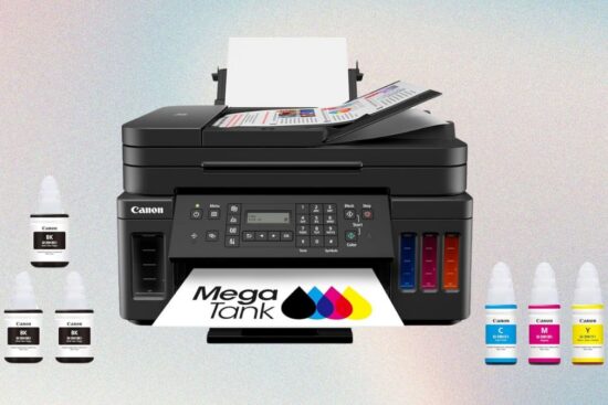 A high-capacity all-in-one printer with refillable ink tanks, an automatic document feeder, and a front panel display for efficient printing.