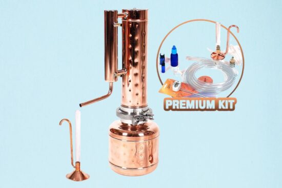 A copper essential oil distiller kit with a 2-liter capacity, featuring a tall distillation column, accessories, and a premium kit for home distillation.