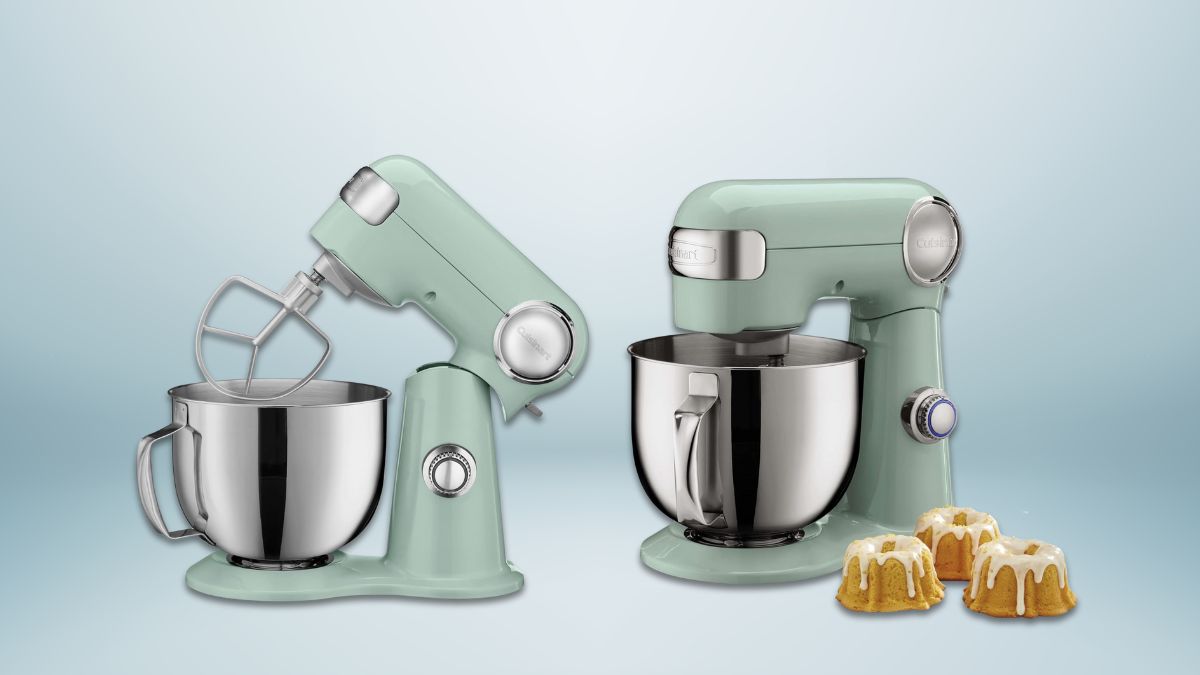 A retro-style stand mixer in pastel green with a stainless steel mixing bowl, tilt-head design, and speed control.