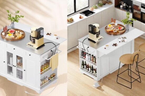 A white kitchen island with a stainless steel top, built-in power outlets, storage shelves, cabinets, and a drop-leaf extension for extra space.