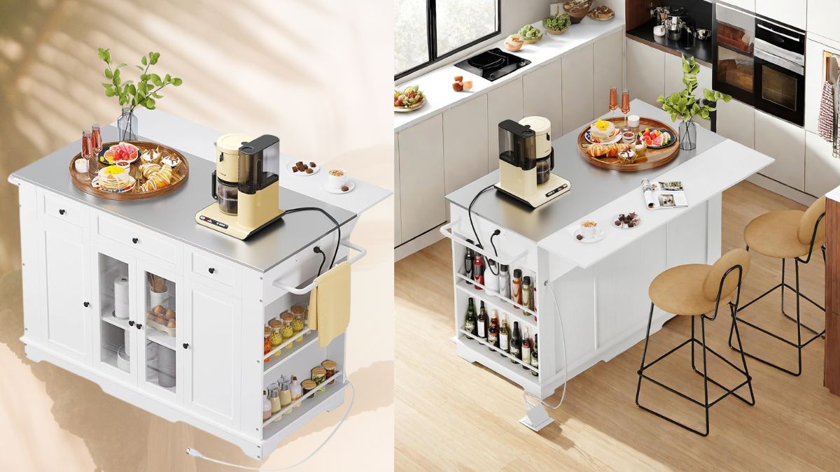 A white kitchen island with a stainless steel top, built-in power outlets, storage shelves, cabinets, and a drop-leaf extension for extra space.