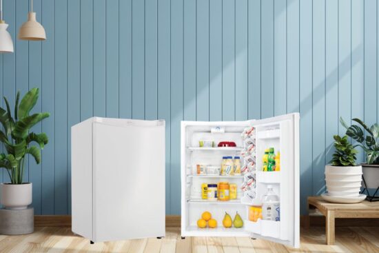 A white mini fridge with a compact design, shown closed and open, stocked with food and drinks, perfect for small spaces and efficient cooling.
