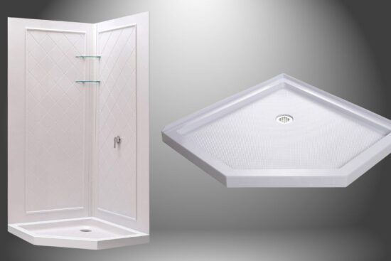 A white neo-angle shower base with a textured surface and matching corner backwall panels featuring a simple tile pattern and glass shelves.