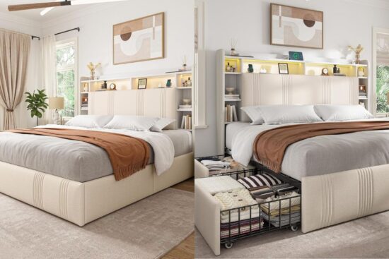 A modern upholstered bed frame with built-in storage drawers and a headboard featuring shelves and lighting, designed for both style and functionality.