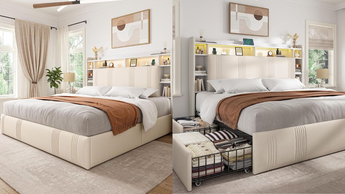 A modern upholstered bed frame with built-in storage drawers and a headboard featuring shelves and lighting, designed for both style and functionality.