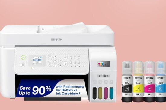 A white Epson printer with a digital display, refillable ink tanks, and four ink bottles, highlighting 90% savings compared to traditional cartridges.