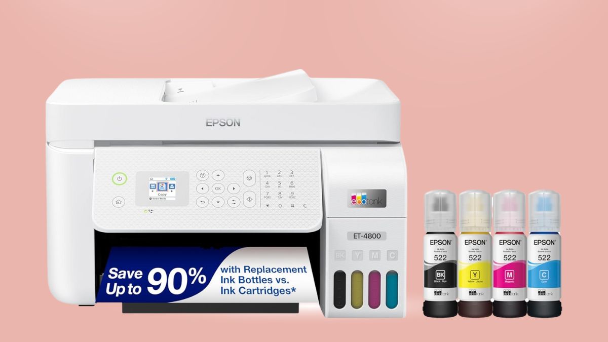 A white Epson printer with a digital display, refillable ink tanks, and four ink bottles, highlighting 90% savings compared to traditional cartridges.