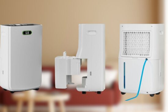 A white dehumidifier is shown from three angles, displaying its digital screen, water tank, and drainage hose.
