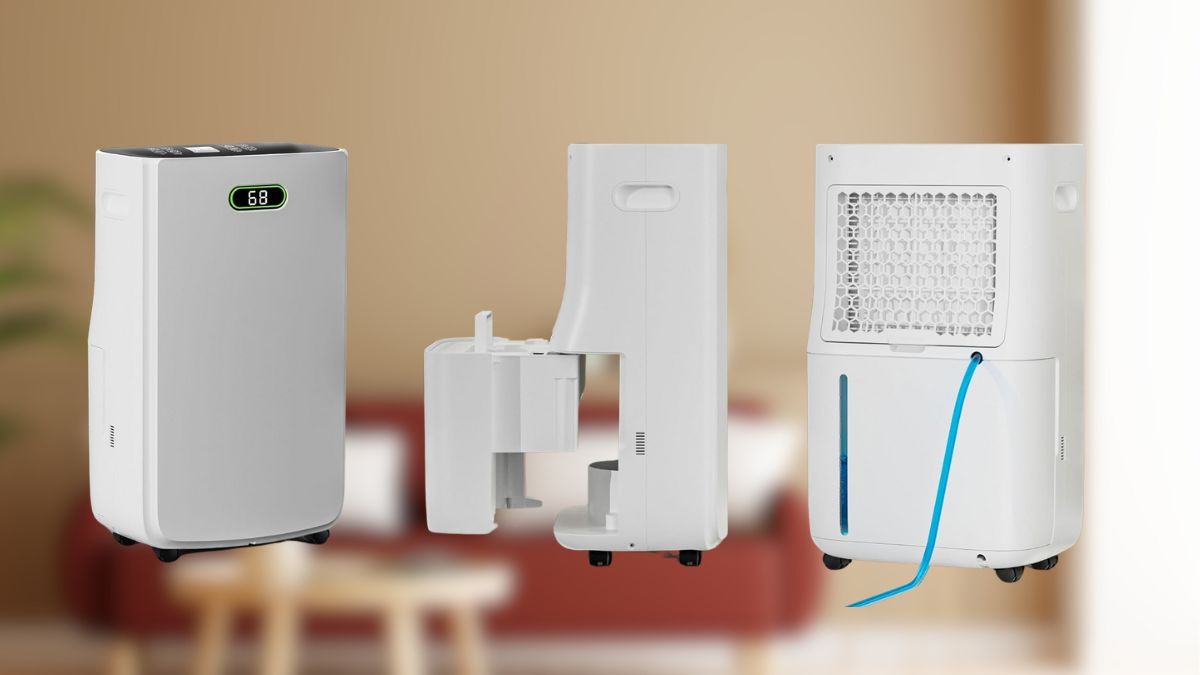 A white dehumidifier is shown from three angles, displaying its digital screen, water tank, and drainage hose.