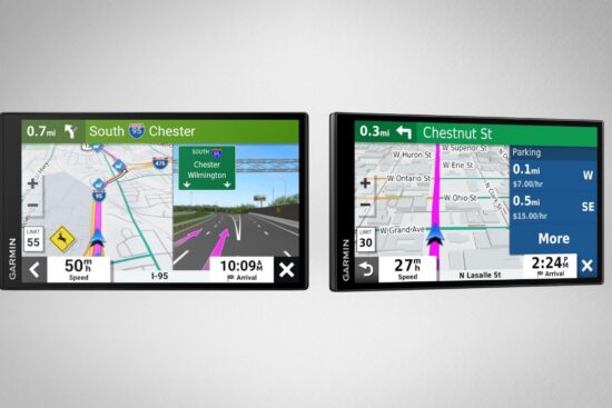 Two Garmin DriveSmart 71 EX GPS screens showing turn-by-turn navigation, speed limits, real-time traffic, and parking details.