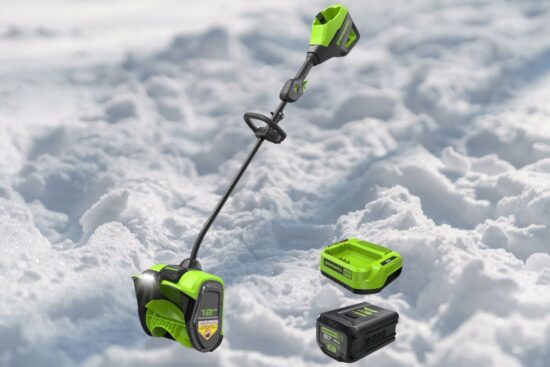 A battery-powered cordless snow shovel with a brushless motor, LED light, and ergonomic handle, designed for quick and efficient snow removal.
