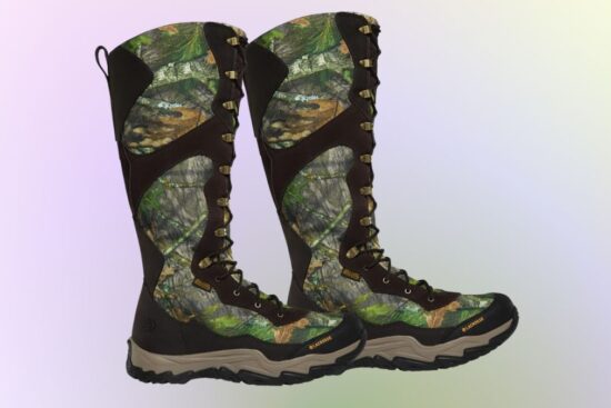A pair of LaCrosse men's hunting boots with a tall design, camouflage pattern, durable laces, and rugged soles for outdoor use.