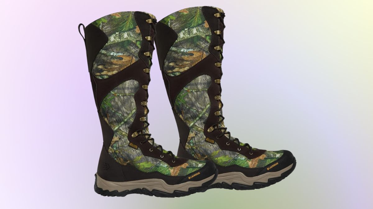 A pair of LaCrosse men's hunting boots with a tall design, camouflage pattern, durable laces, and rugged soles for outdoor use.