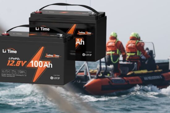 Two LiTime 12V 100Ah LiFePO4 batteries float in the foreground, with a rescue boat and crew in life jackets moving through the water in the background.