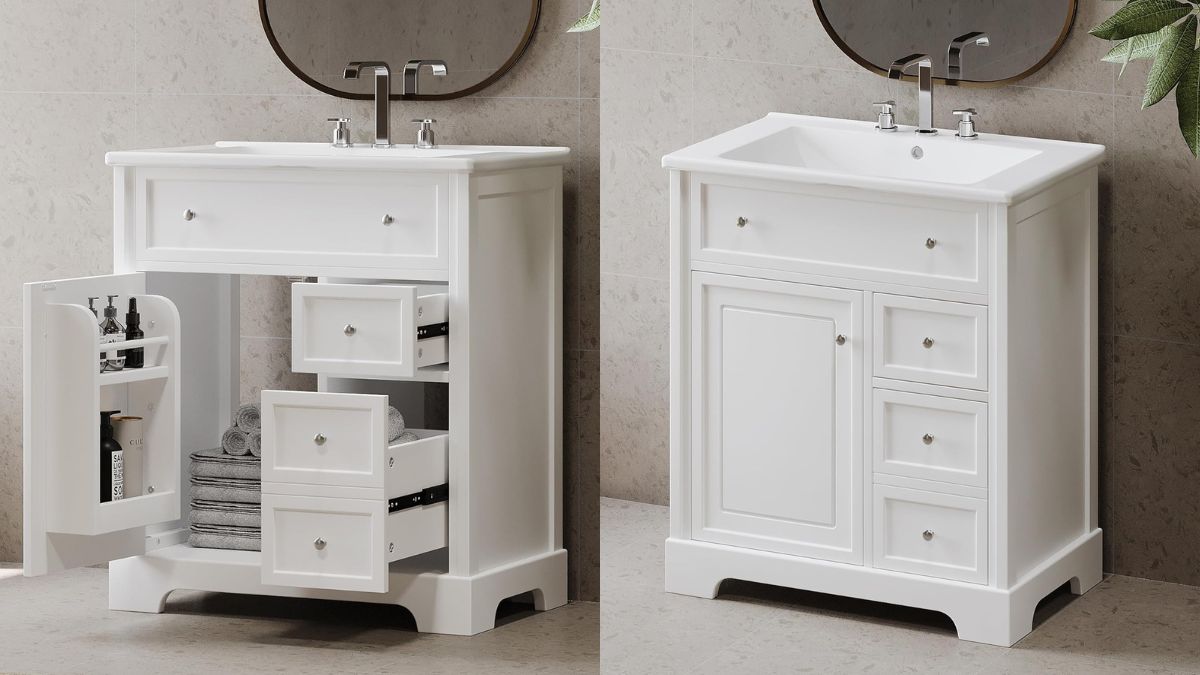A sleek white bathroom vanity cabinet with a ceramic sink, spacious drawers, and a side cabinet, offering stylish storage and modern functionality for any bathroom.