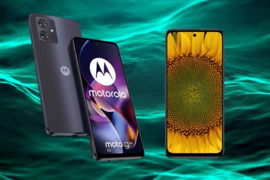 A Motorola Moto G54 5G Dual SIM smartphone is shown from the front and back, with a sunflower image on the screen and a green digital background.