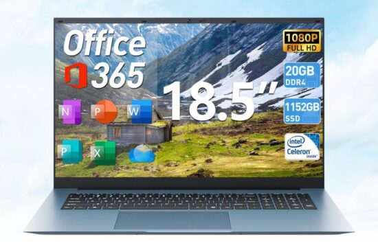 A large 18.5-inch laptop with an Intel Celeron processor, 20GB RAM, 1152GB SSD, and a Full HD screen, showing Office 365 icons on display.