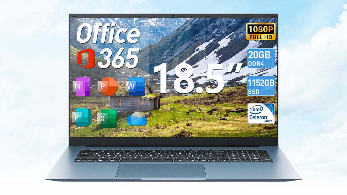 A large 18.5-inch laptop with an Intel Celeron processor, 20GB RAM, 1152GB SSD, and a Full HD screen, showing Office 365 icons on display.