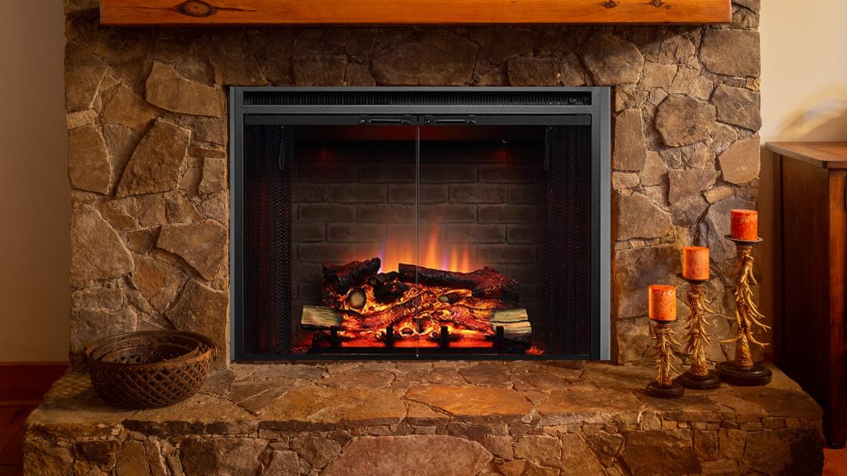 A cozy electric fireplace with glowing logs and flickering flames inside a stone fireplace setting.