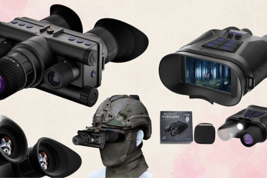 A set of night vision devices, including binoculars, a monocular, and a helmet-mounted model with infrared and digital display.