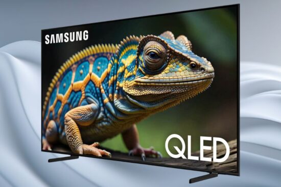 A Samsung QLED 4K Smart TV, featuring a slim design and a vivid display showing a detailed image of a colorful lizard.
