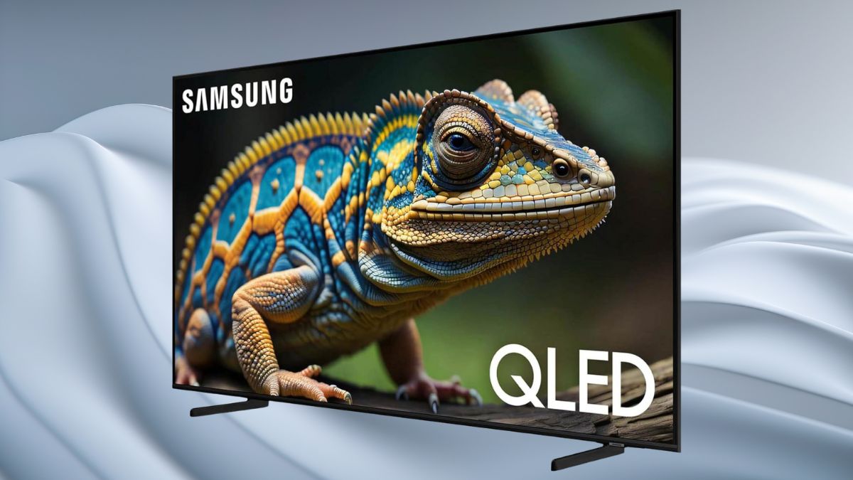 A Samsung QLED 4K Smart TV, featuring a slim design and a vivid display showing a detailed image of a colorful lizard.