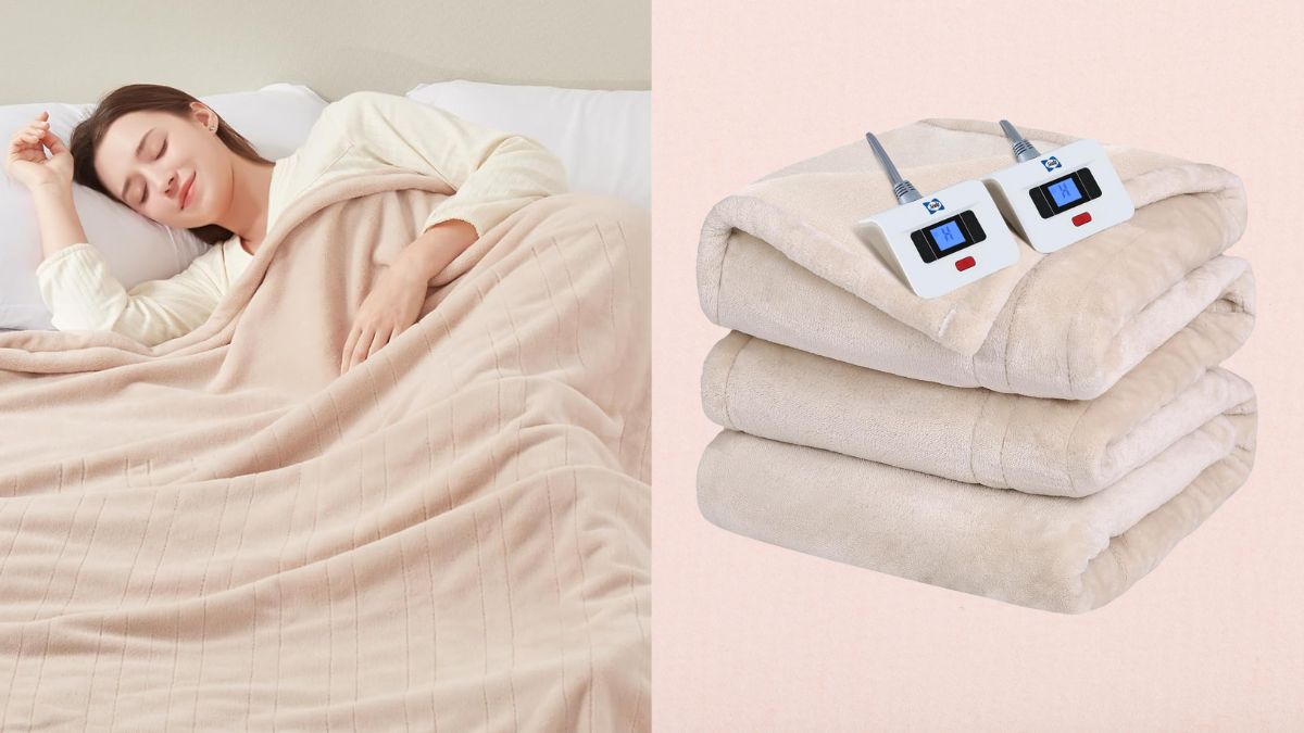A woman sleeps under a beige electric blanket, and a folded heated blanket with two controllers is shown next to her.