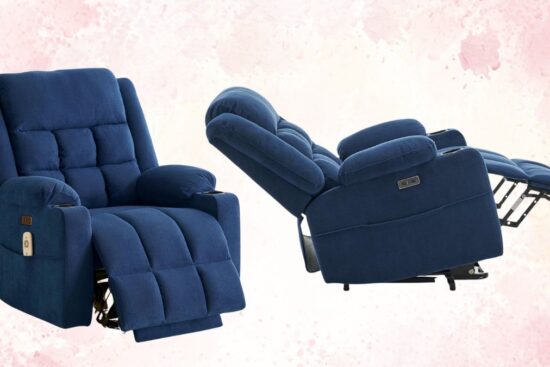 A blue power lift recliner for seniors is shown in two positions: upright and fully reclined.