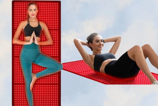 Two women are exercising, one practicing yoga and the other doing sit-ups, on a glowing red LED mat designed for muscle recovery and relaxation.