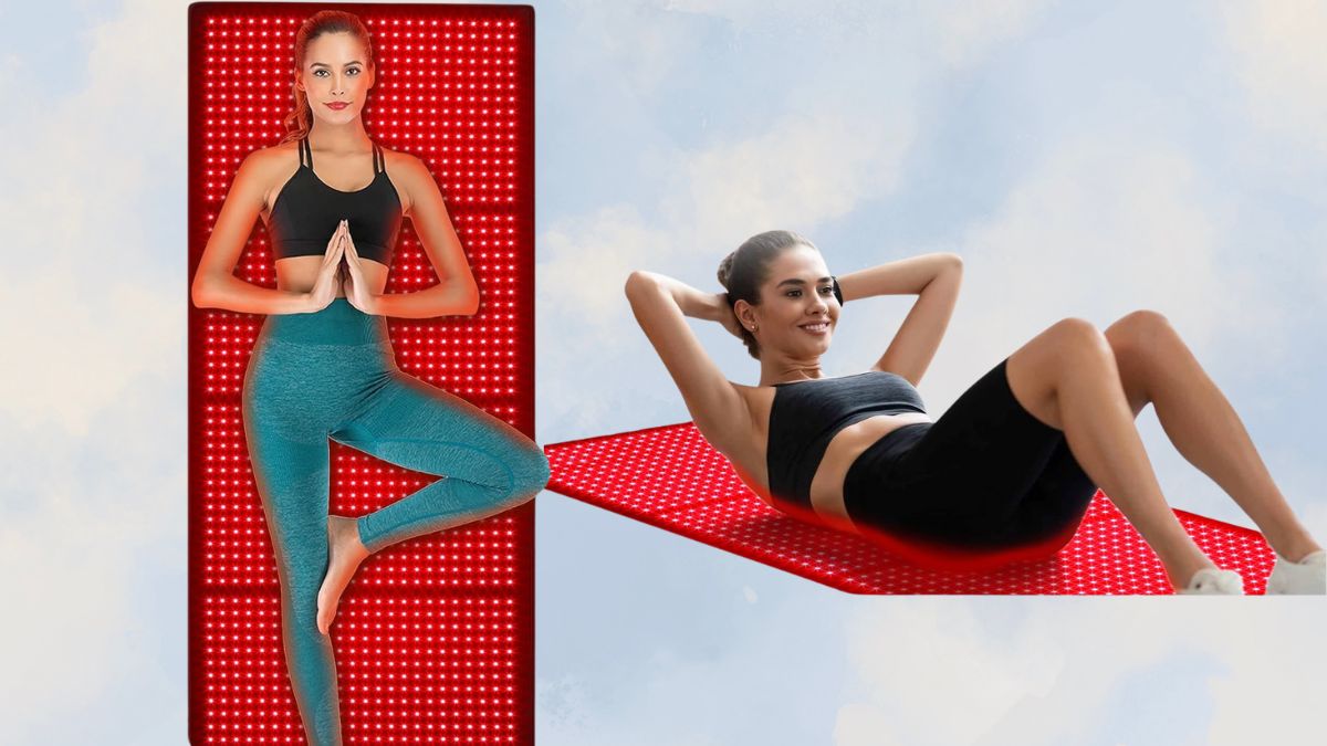 Two women are exercising, one practicing yoga and the other doing sit-ups, on a glowing red LED mat designed for muscle recovery and relaxation.