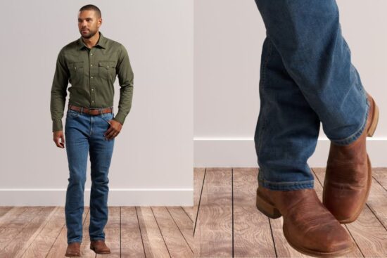 A man wearing a green shirt, blue jeans, and brown cowboy boots stands confidently on a wooden floor.