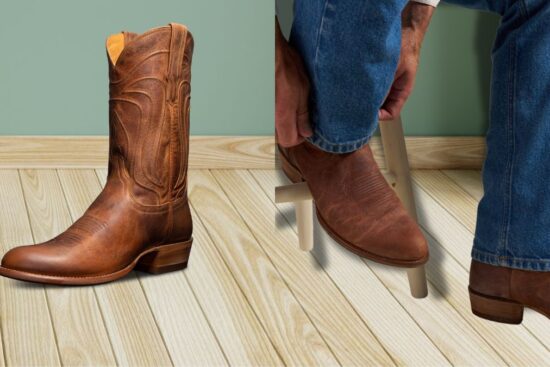 A pair of brown cowboy boots with a 1.5-inch heel, shown from the side and being worn.