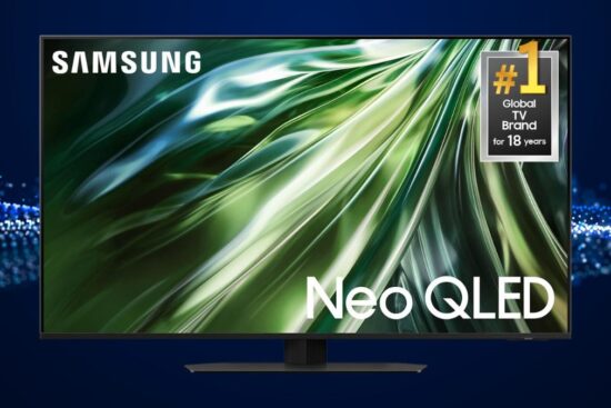 A Samsung Neo QLED TV with a sleek design, vibrant display, and a "#1 Global TV Brand for 18 Years" badge, showcasing advanced picture quality.