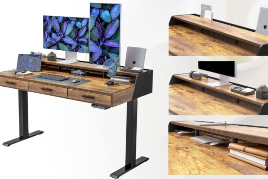 A modern standing desk with a rustic wood finish, built-in drawers, a raised monitor shelf, and ample storage space, designed for an organized and ergonomic workspace.