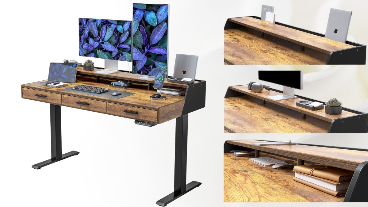 A modern standing desk with a rustic wood finish, built-in drawers, a raised monitor shelf, and ample storage space, designed for an organized and ergonomic workspace.