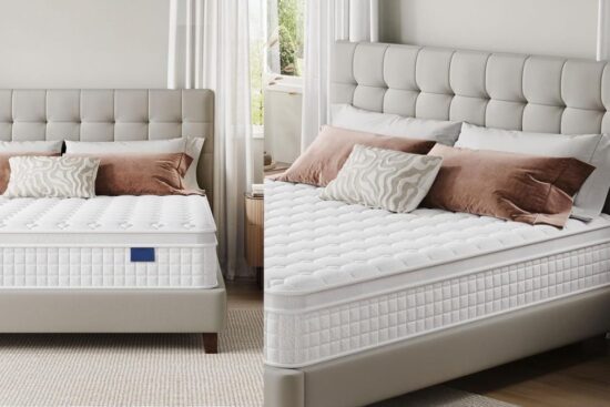 A mattress displayed on a modern upholstered bed frame, featuring a quilted top, plush pillows, and a neutral bedroom setting with soft lighting.