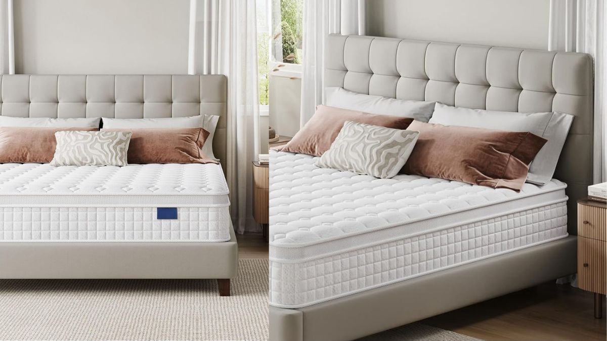 A mattress displayed on a modern upholstered bed frame, featuring a quilted top, plush pillows, and a neutral bedroom setting with soft lighting.