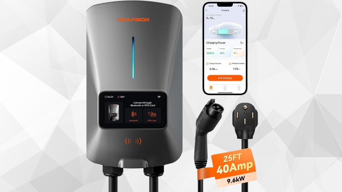 An EV charger with a 25-foot cable, LCD screen, Bluetooth, RFID, and a mobile app for remote control.