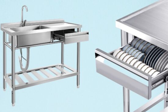 A stainless steel utility sink with a deep basin, storage shelf, and built-in drawer for organizing kitchen or workspace essentials.